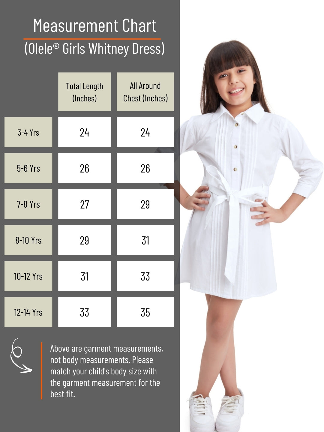 Olele® Girls Whitney White Full Sleeves Cotton Shirt Dress