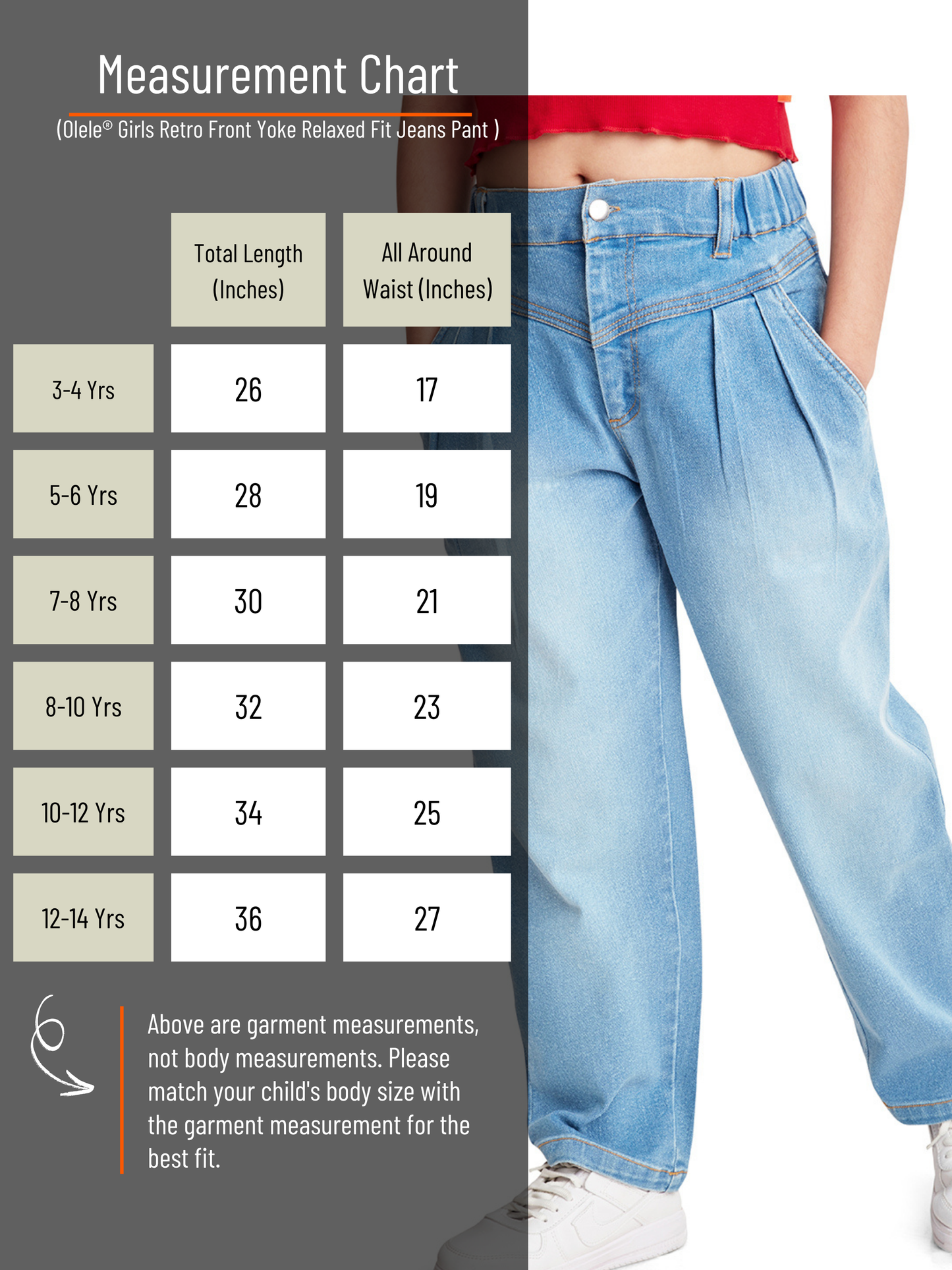 Olele® Girls Retro Front Yoke Relaxed Fit Jeans Pant - Cotton Denim