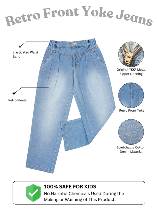 Olele® Girls Retro Front Yoke Relaxed Fit Jeans Pant - Cotton Denim