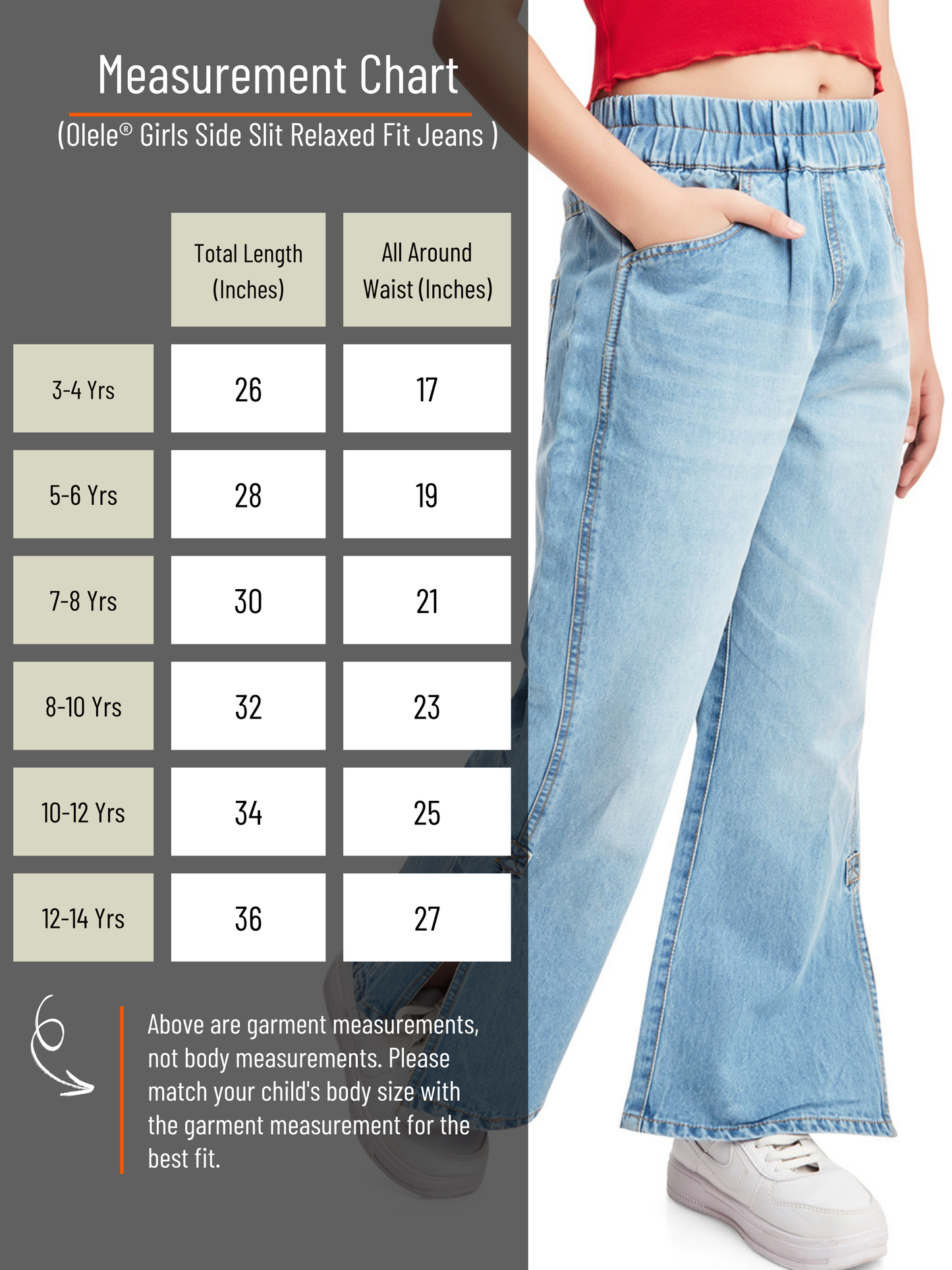 Olele® Girls Side Slit Relaxed Fit Jeans Pant - Cotton Denim