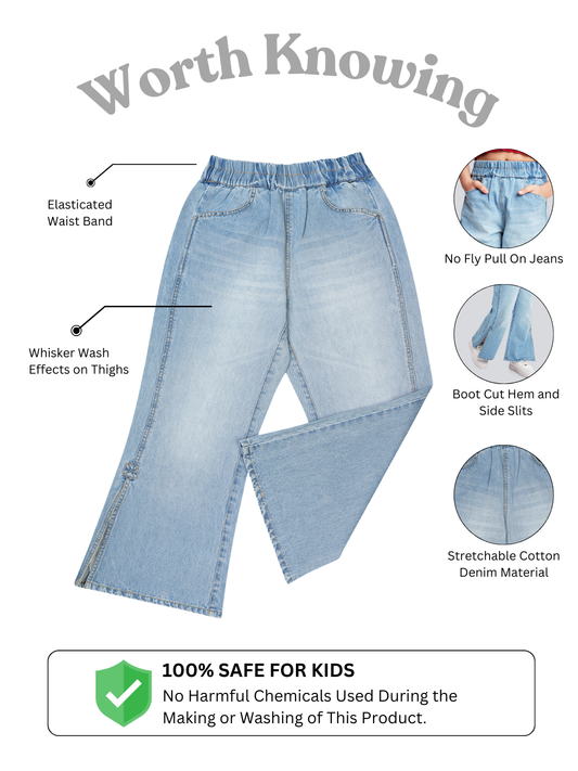 Olele® Girls Side Slit Relaxed Fit Jeans Pant - Cotton Denim