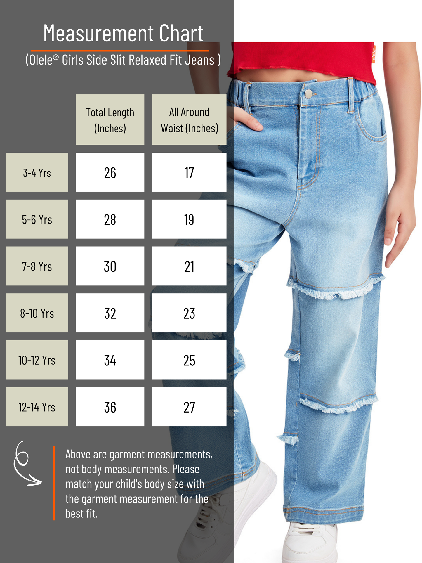 Olele® Girls Raw Edge Panel Patch Relaxed Fit Jeans Pant - Cotton Denim