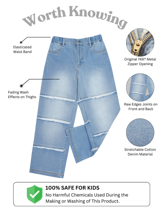 Olele® Girls Raw Edge Panel Patch Relaxed Fit Jeans Pant - Cotton Denim