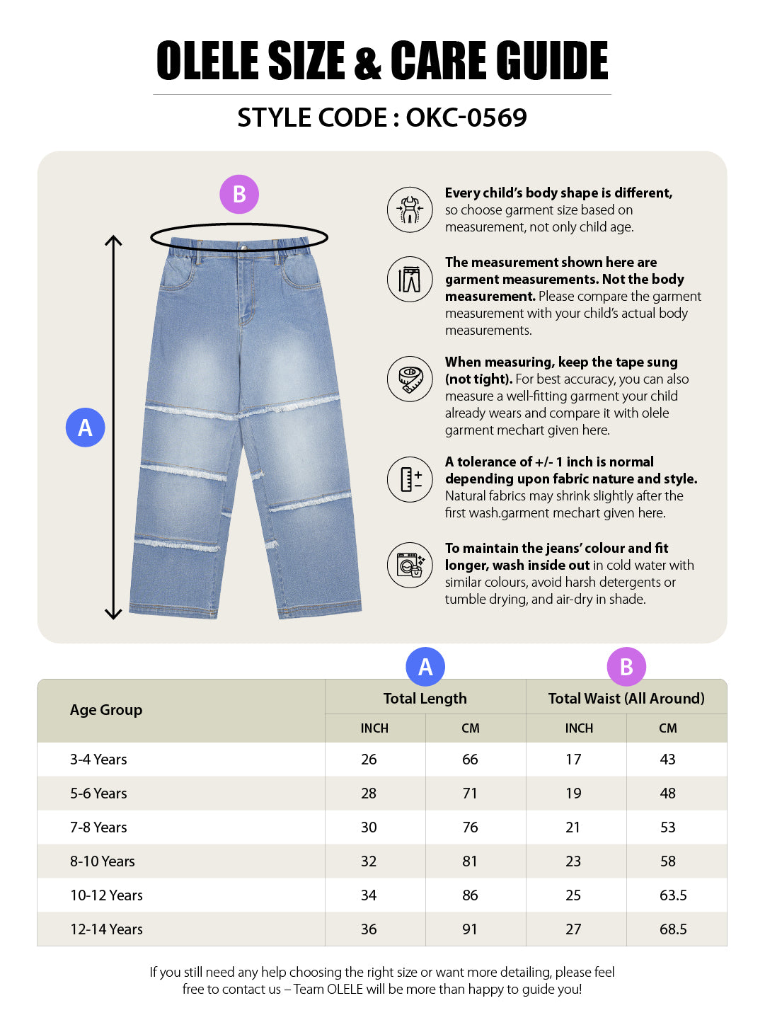 Olele® Girls Raw Edge Panel Patch Relaxed Fit Jeans Pant - Cotton Denim