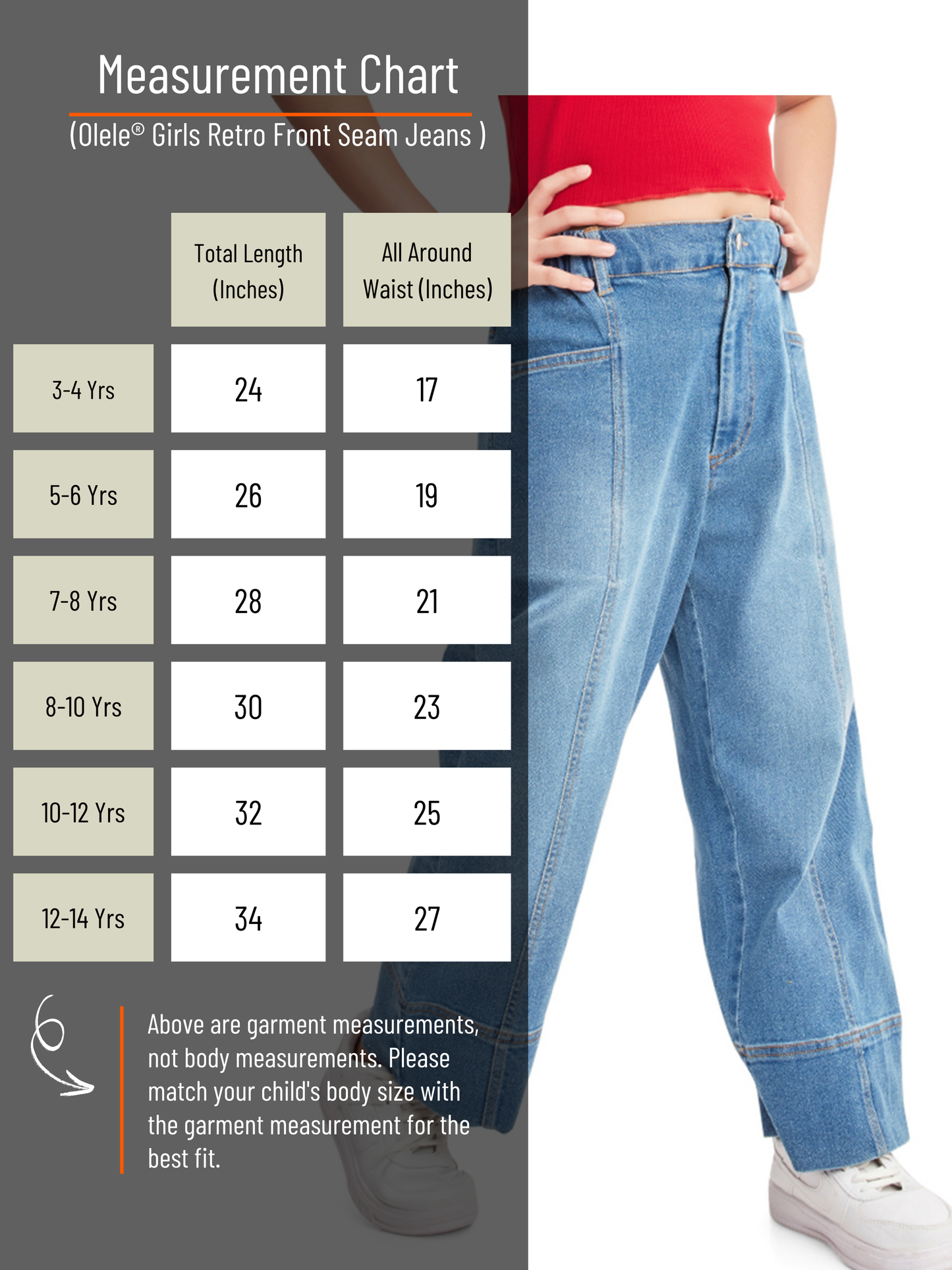 Olele® Girls Retro Front Seam Jeans Pant - Cotton Denim