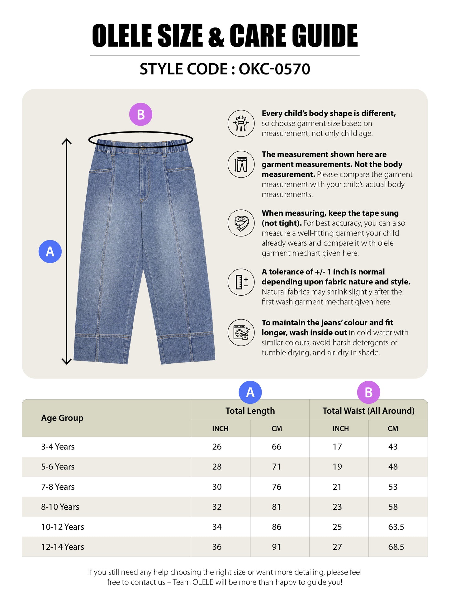 Olele® Girls Retro Front Seam Jeans Pant - Cotton Denim