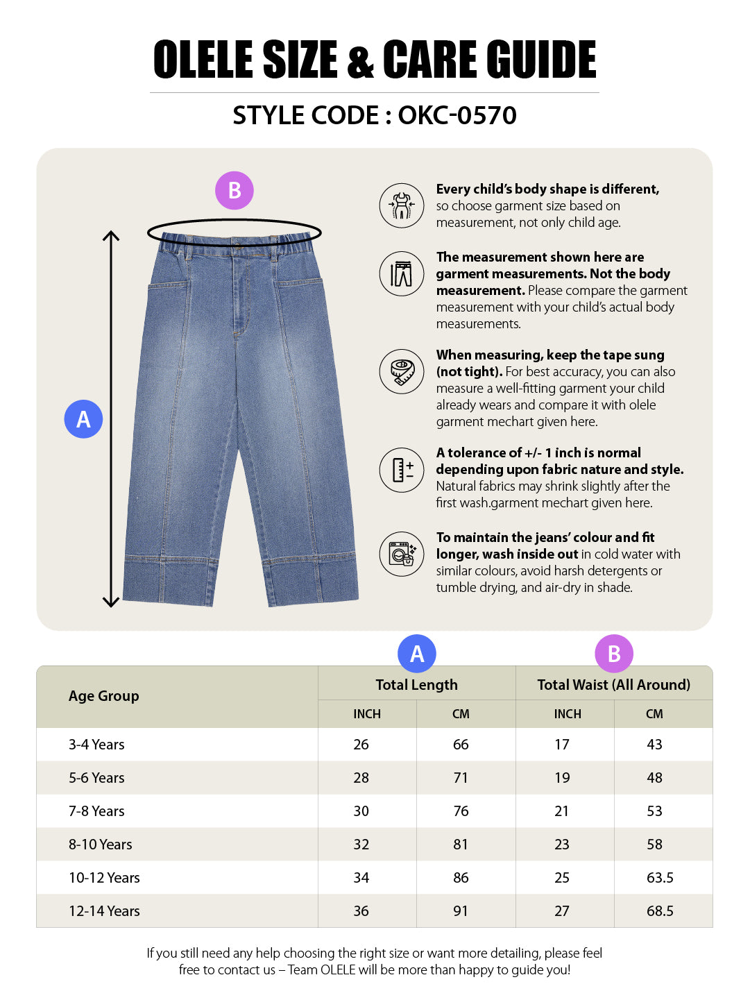 Olele® Girls Retro Front Seam Jeans Pant - Cotton Denim