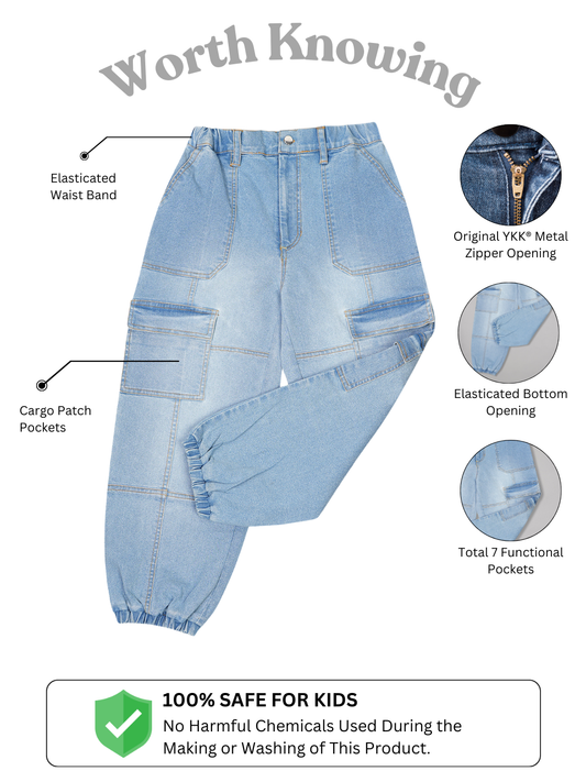 Olele® 7 Pockets Joggers Jeans Pants for Girls - Cotton Denim