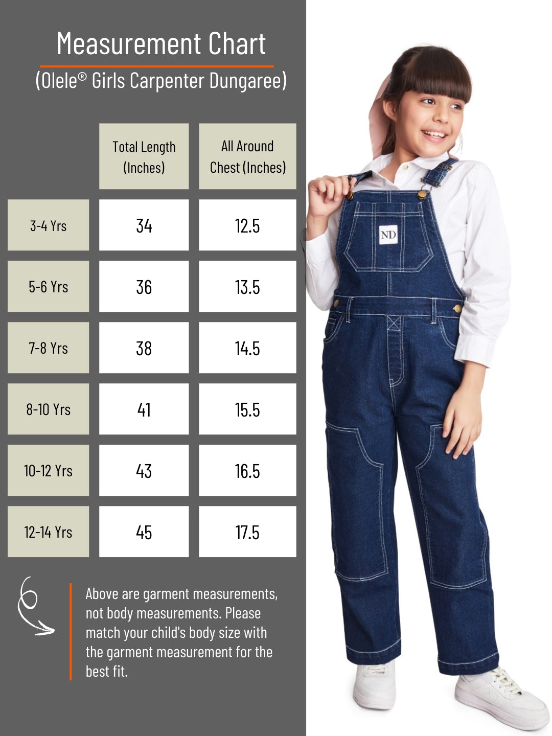 Olele® Girls Carpenter Dungaree - Raw Cotton Denim