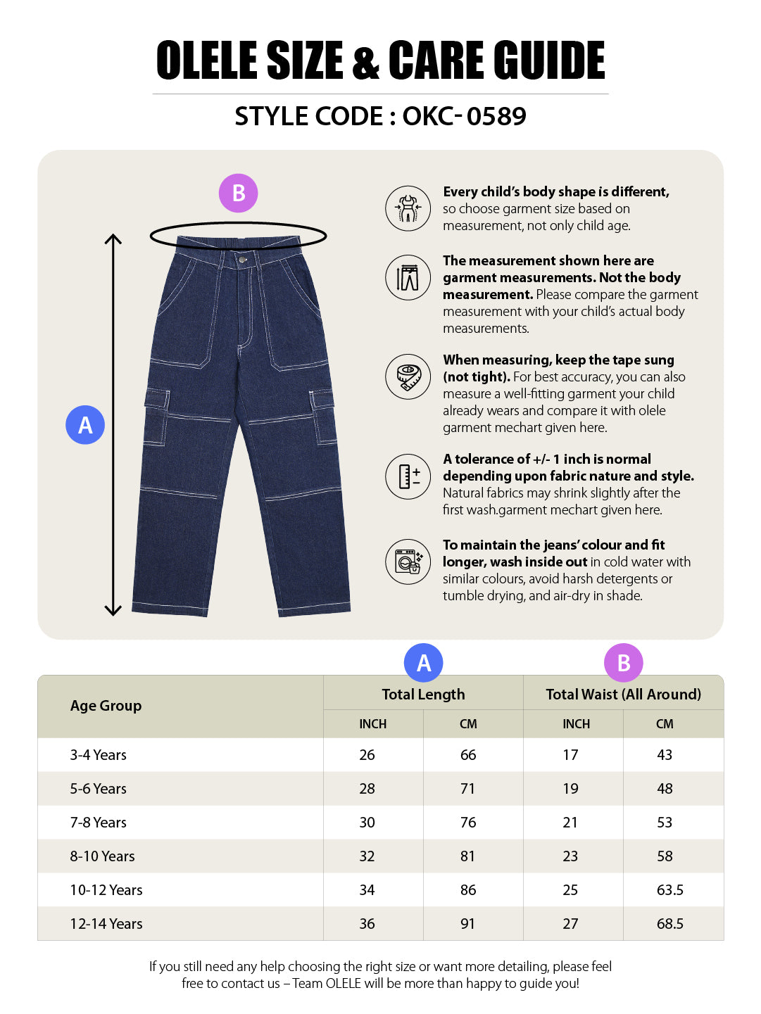 Olele® Boys Cotton Denim Cargo 6 Pockets Pant with Contrast White Thread Stitching - Raw Blue