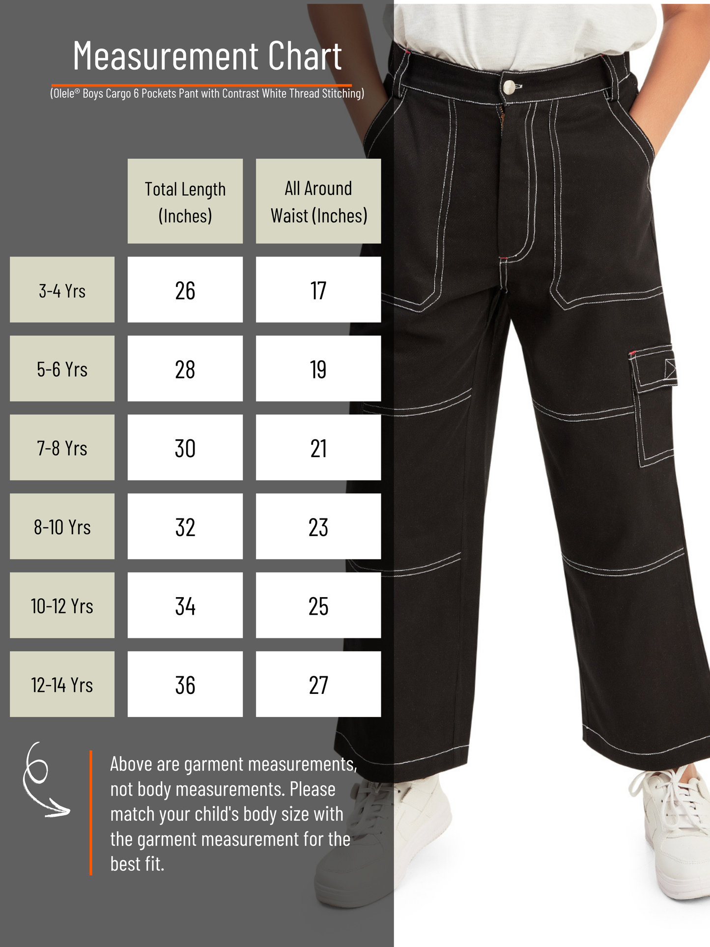 Olele® Boys Cotton Cargo 6 Pockets Pant with Contrast White Thread Stitching - Ebony Black