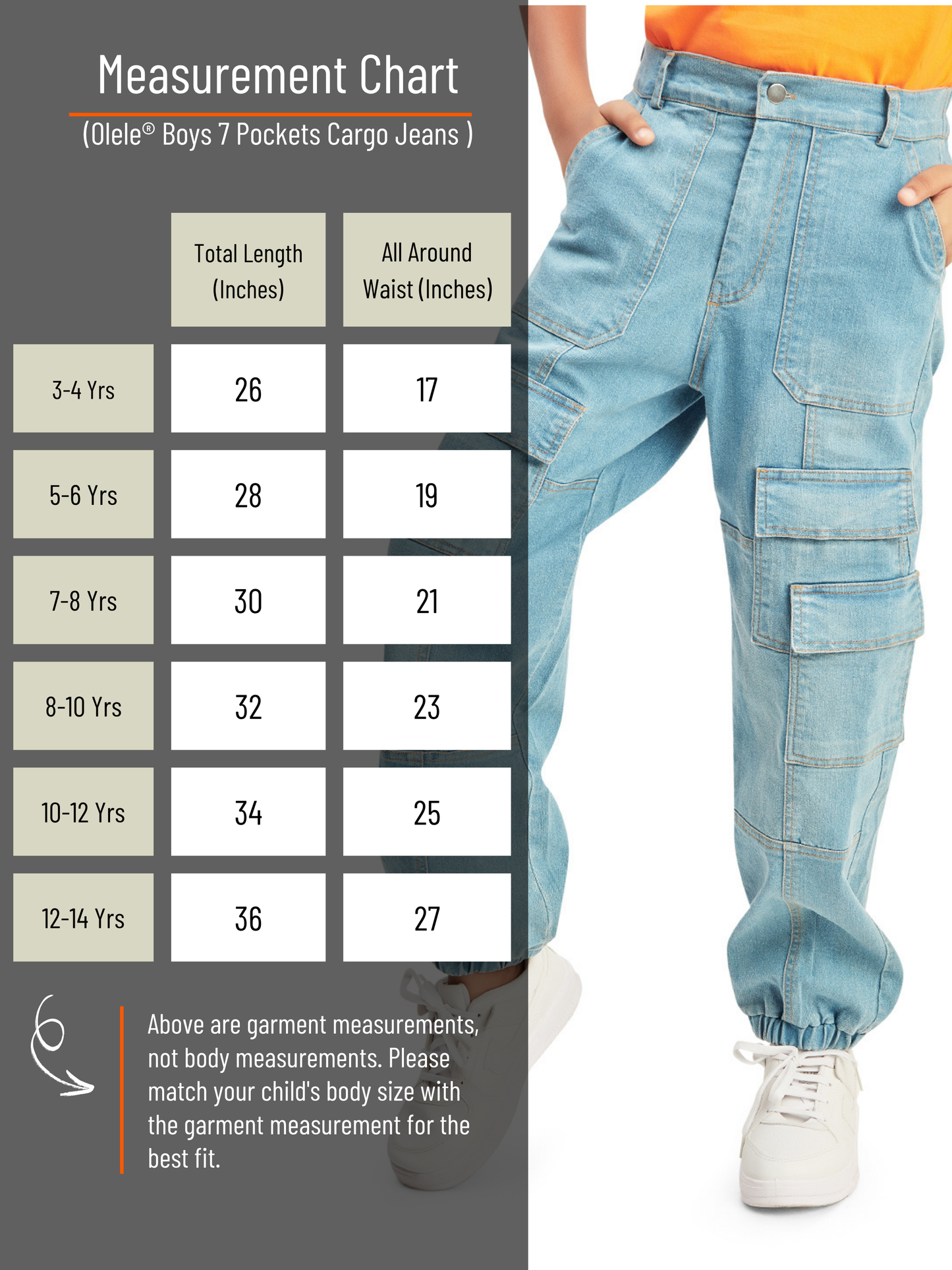 Olele® Boys Cotton Denim 7 Pockets Cargo Joggers Jeans Pant - Light Blue