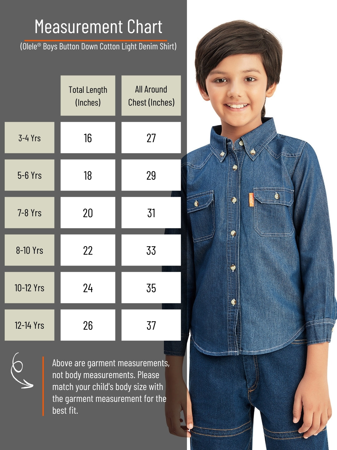 Olele® Boys Full Sleeves Button Down Cotton Light Denim Shirt - Blue