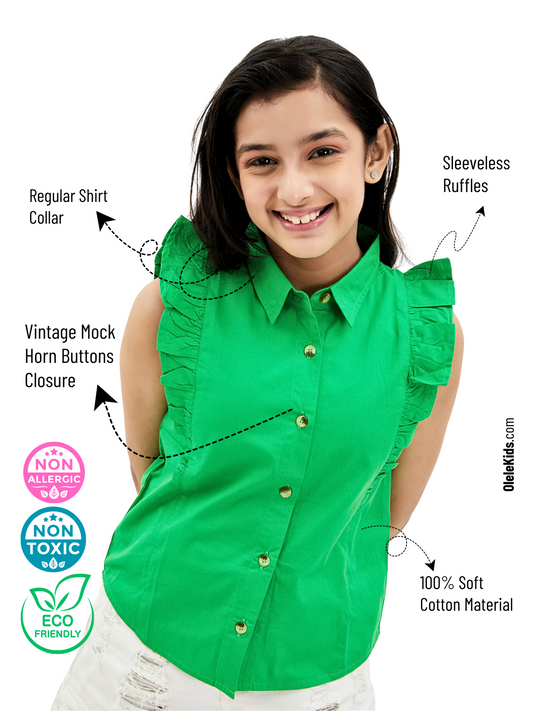 Olele® Girls Regina Ruffle Sleeveless Cotton Shirt - Forest Green