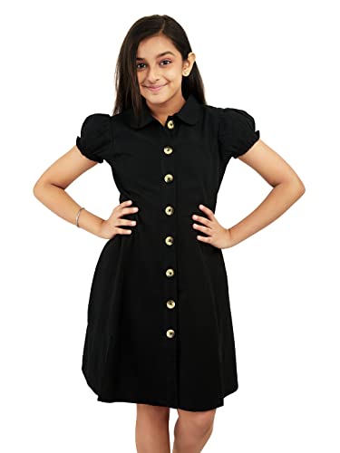 Olele® Bombay Black Cotton Linen Dress Tailored for 4 to 14 Years Girls