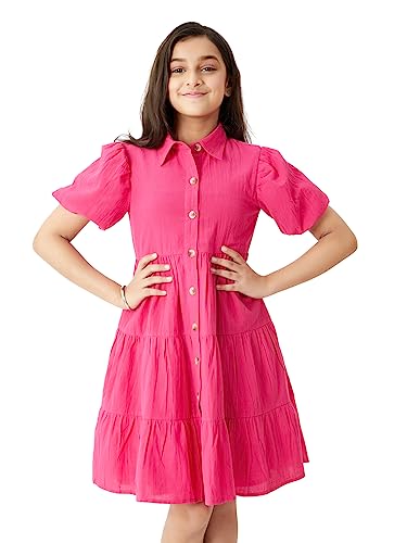 Olele® Girls Lucy Shirt Dress - Cotton Linen Hot Pink