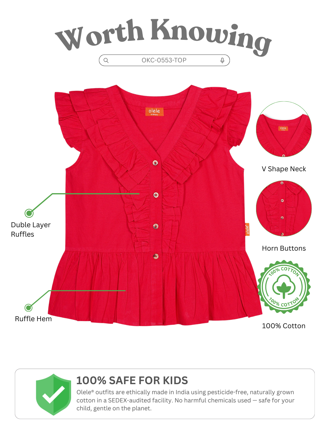 Olele® Victoria Ruffle Pure Cotton Top for Girls - Red
