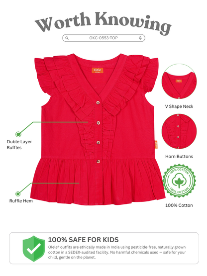 Olele® Victoria Ruffle Pure Cotton Top for Girls - Red