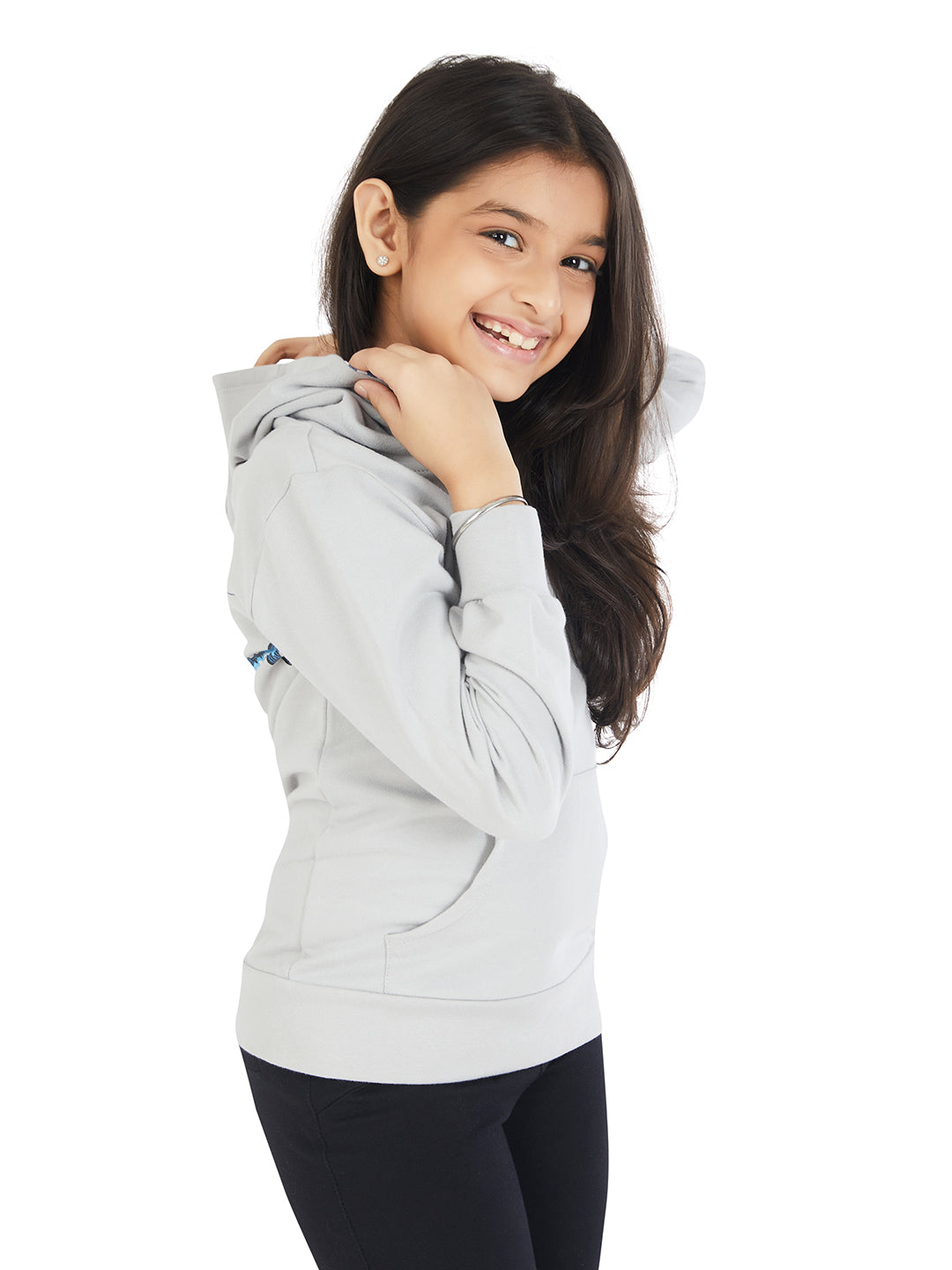 Olele® Girls French Terry Hoodie - Grey with Shark Print on Back