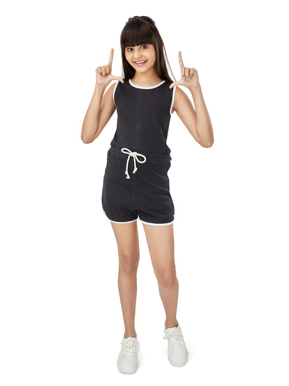 Olele® Girls Black Rib Romper with Contrast Piping