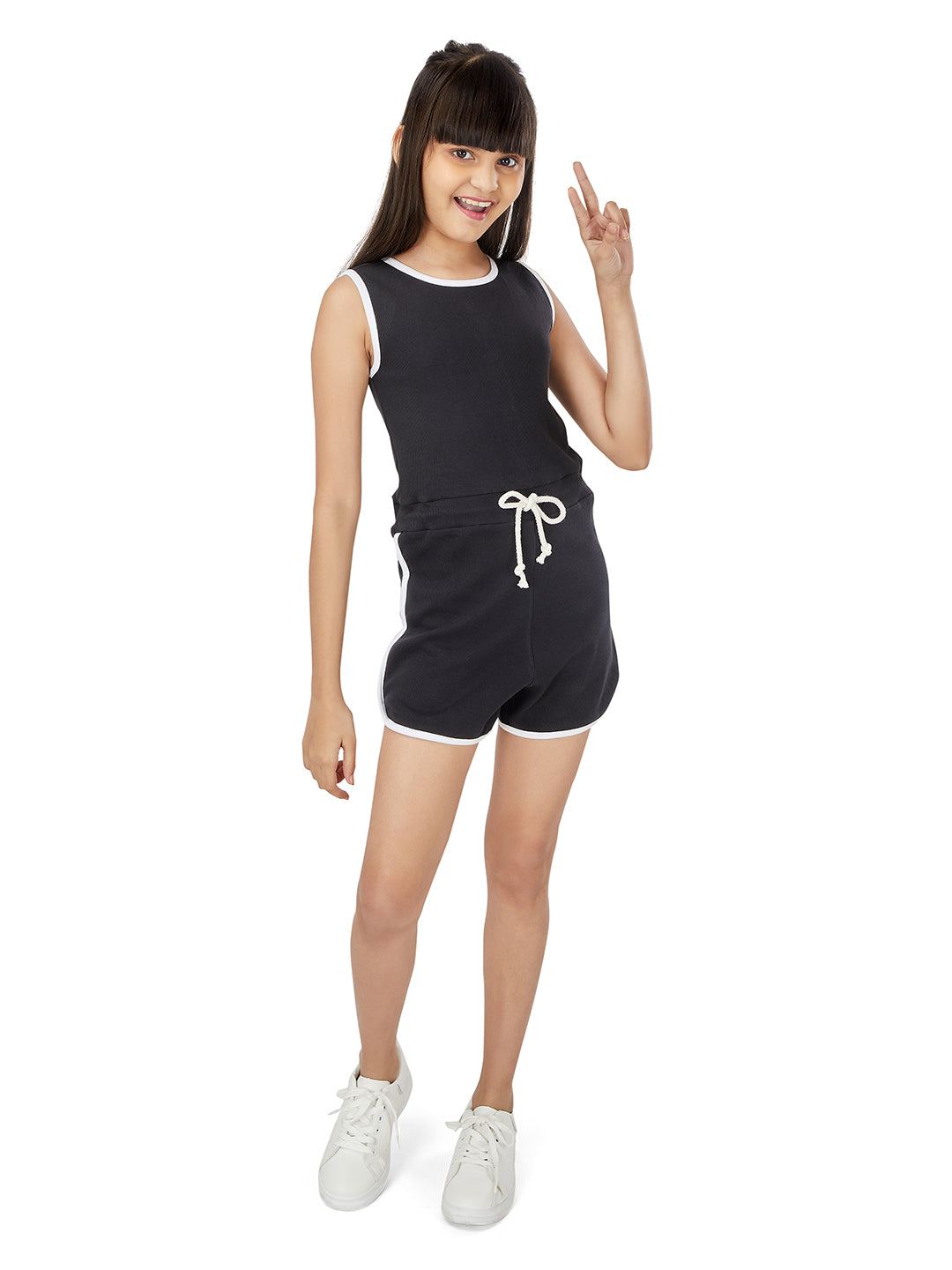 Olele® Girls Black Rib Romper with Contrast Piping