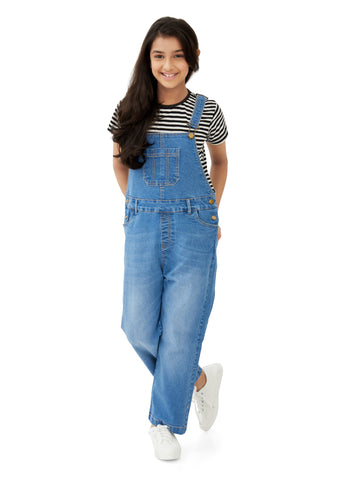 Olele® Girls Full Length Vanilla Denim Dungaree for 4 to 14 Years Kid