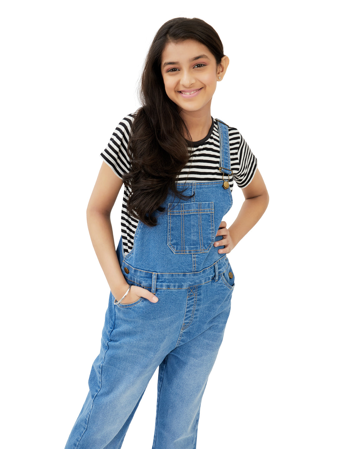 Olele® Girls Full Length Vanilla Denim Dungaree for 4 to 14 Years Kid