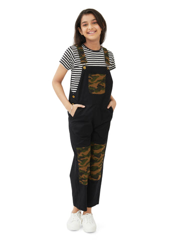 Olele® Girls Labra Cotton Twill Dungaree - Black and Camouflage