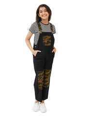 Olele® Girls Labra Cotton Twill Dungaree - Black and Camouflage