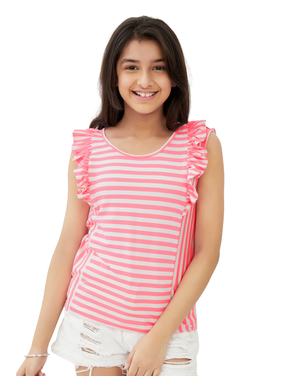 Olele® Girls Regina Ruffle Cotton T-Shirt - Neon Pink Stripes