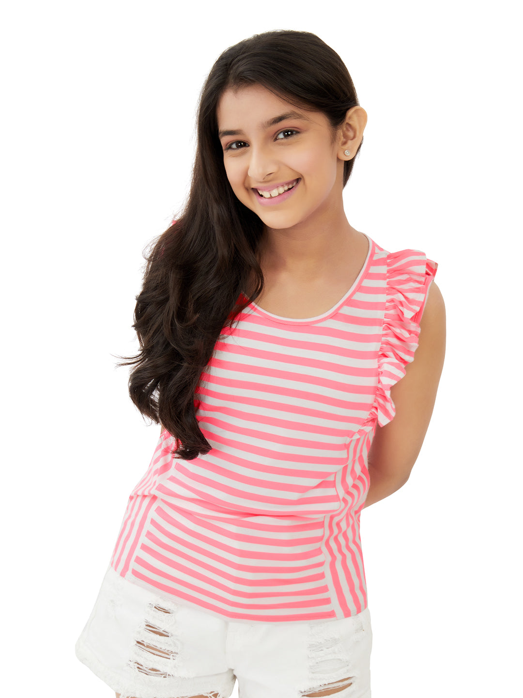 Olele® Girls Regina Ruffle Cotton T-Shirt - Neon Pink Stripes