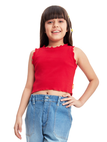 Olele® Girls Side Slit Cotton Jeans Pant + Cotton Rib Crop Top - Red (Combo)