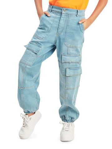 Olele® Boys Cotton Denim 7 Pockets Cargo Joggers Jeans Pant - Light Blue