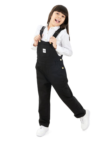Olele®  Full Length Pure Black Cotton Dungaree - Girls