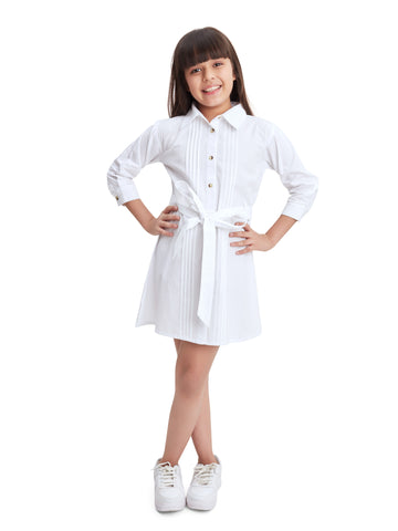 Olele® Girls Whitney White Full Sleeves Cotton Shirt Dress