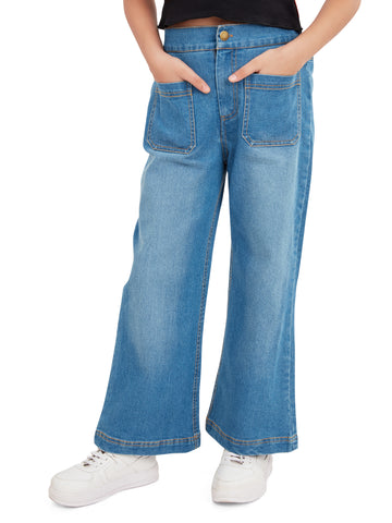 Olele® Girls Windsor Wide Leg Cotton Denim Jeans Regular Fit Stretchable (Elasticated Waist)  - Indigo Blue