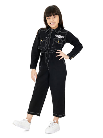 Olele® Girls Brooklyn Boiler Suit with Zipper Opening - Black Cotton