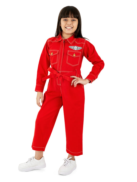 Olele® Girls Brooklyn Boiler Suit with Zipper Opening - Red Cotton