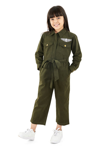 Olele® Girls Brooklyn Boiler Suit with Zipper Opening - Olive Cotton