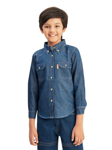 Olele® Boys Full Sleeves Button Down Cotton Light Denim Shirt - Blue
