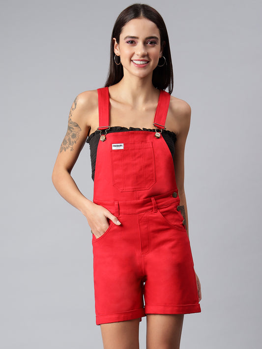 FINSBURY LONDON® Women's Cotton Twill Dungaree Playsuit - Crimson Red
