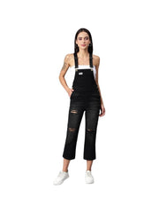 FINSBURY LONDON® Women's Black Denim Dungaree with Destroyed Wash