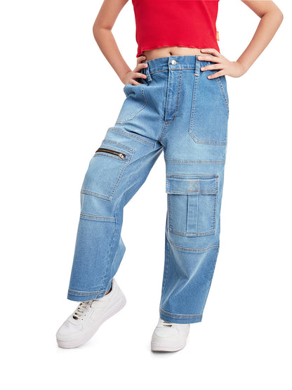 Olele® Girls 6 Pockets Cargo Cotton Denim Jeans Pant