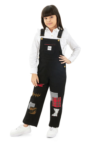 Olele®  Full Length BTS Black Patch Work Cotton Dungaree - Girls