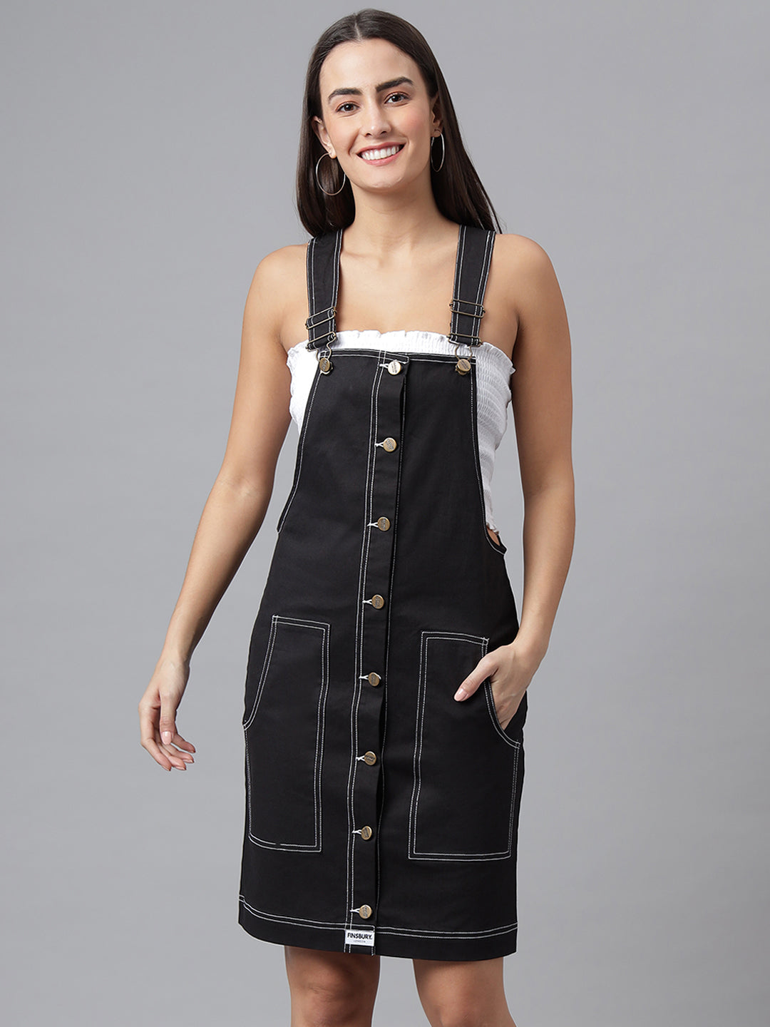 FINSBURY LONDON® Women's Dungaree Dress with Contrast Stitches - Ebony Black
