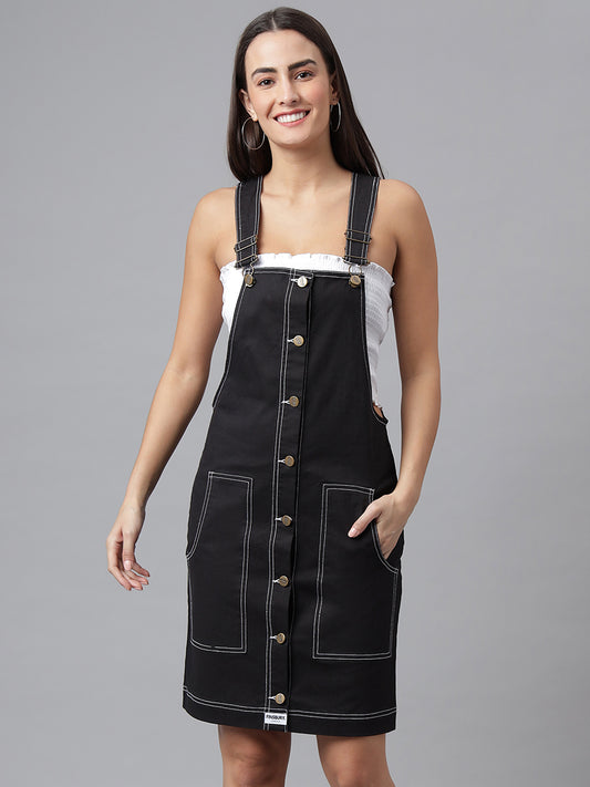 FINSBURY LONDON® Women's Dungaree Dress with Contrast Stitches - Ebony Black