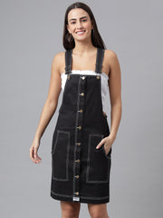 FINSBURY LONDON® Women's Dungaree Dress with Contrast Stitches - Ebony Black