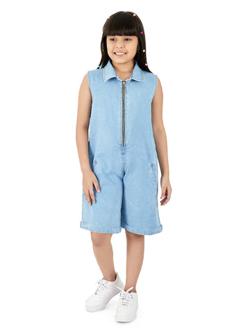Olele® Girls Rockford Turn Down Collar Romper - Light Wash Denim
