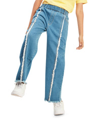 Olele® Boys Cotton Denim Pull On Raw Edge Front Pleat Jeans - Blue