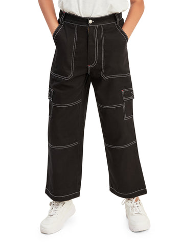Olele® Boys Cotton Cargo 6 Pockets Pant with Contrast White Thread Stitching - Ebony Black